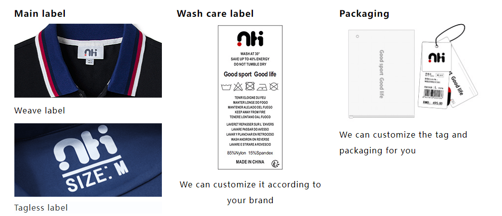 Custom clothing labels and packaging, including wash care instructions.