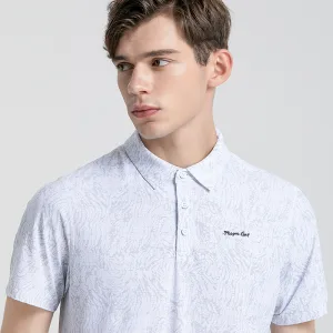 Man modeling patterned button-up shirt.