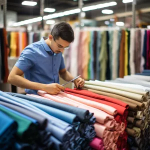 Man examining fabric rolls in textile store