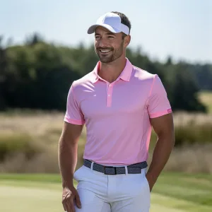 Man smiling in pink polo shirt on golf course.