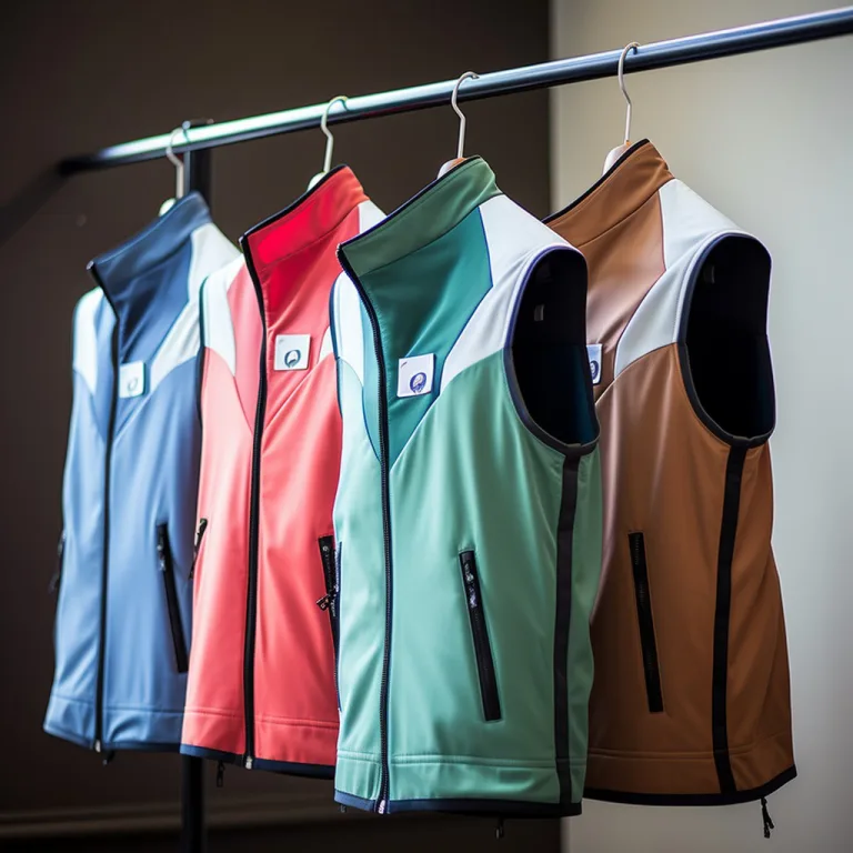 Colorful sports vests on hangers.