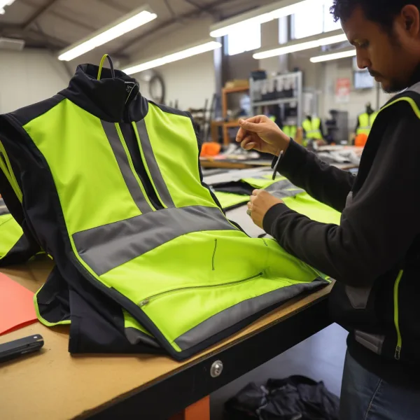 Worker crafting high-visibility safety jacket.