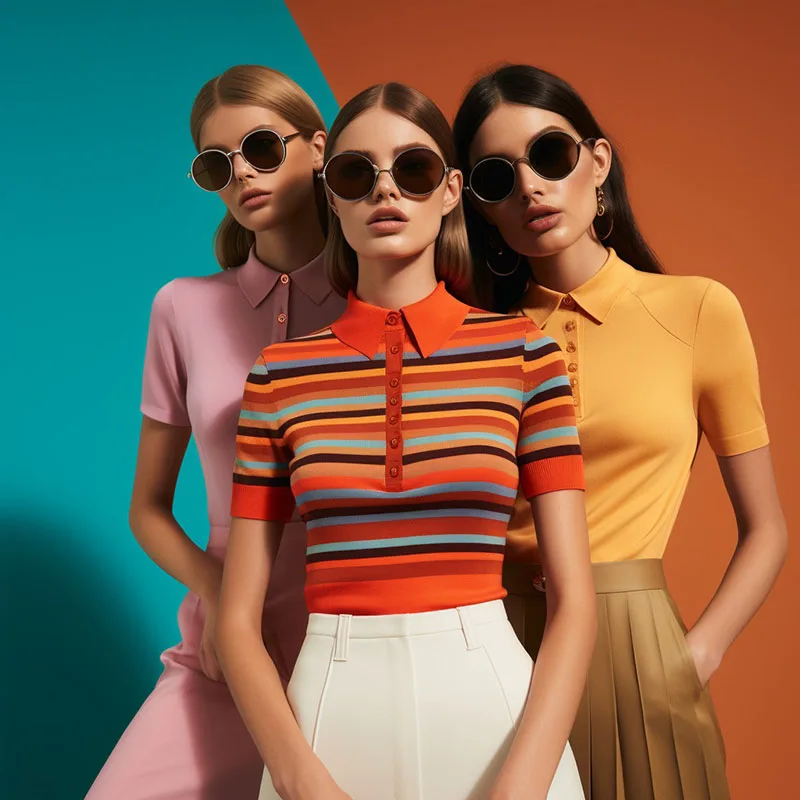 Three women modeling retro sunglasses and colorful tops.
