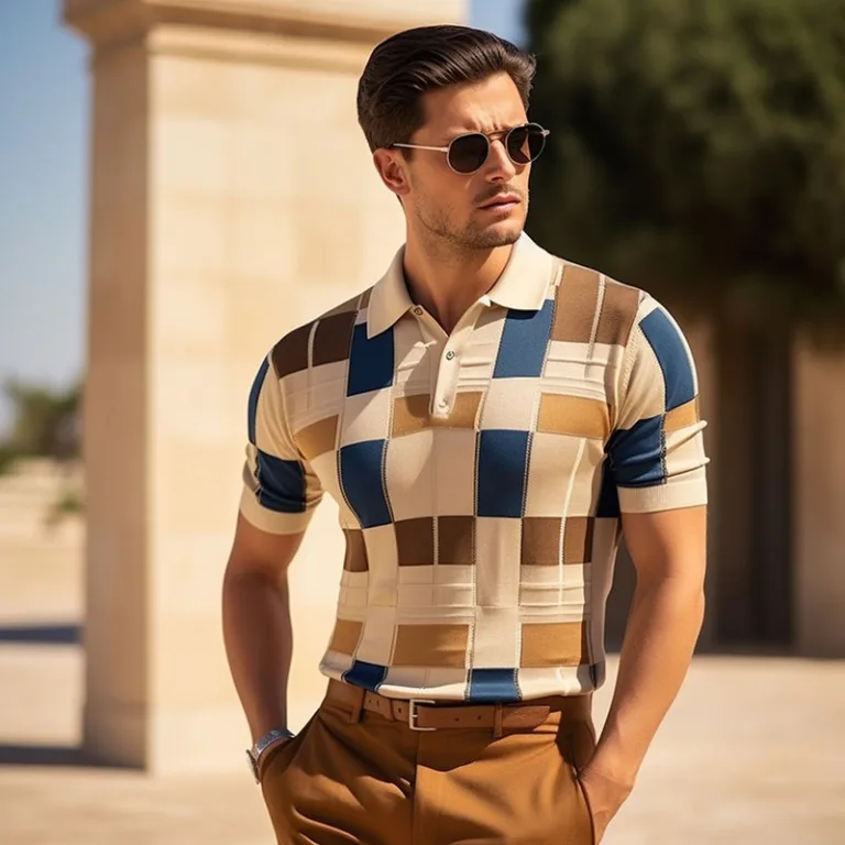 Man in stylish checkered shirt and sunglasses outdoors.