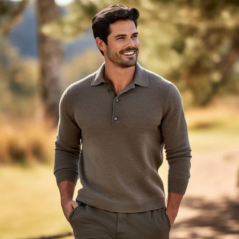 Man smiling wearing casual brown polo shirt outdoors.
