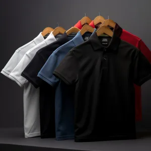 Assorted polo shirts on hangers against grey background.