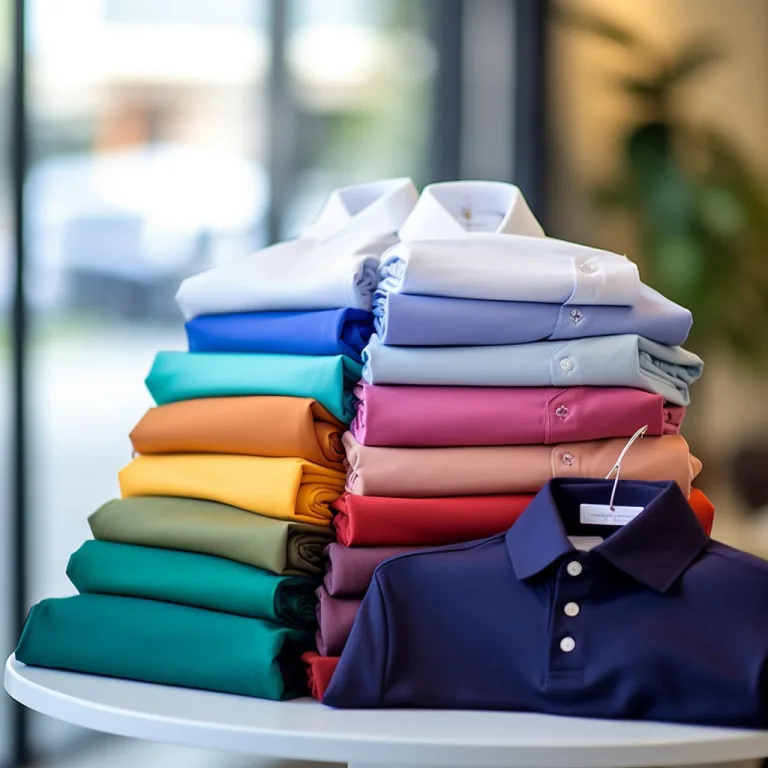 Colorful stacked polo shirts on display