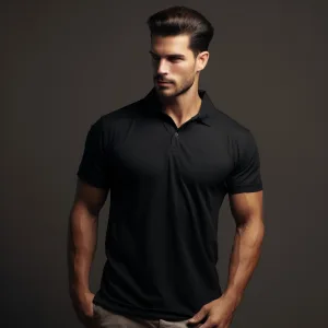 Man in black polo shirt against neutral background.