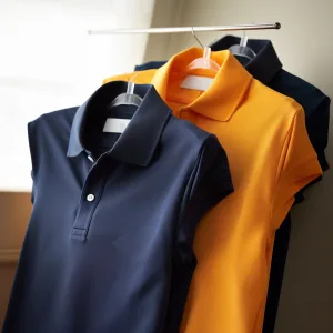 Polo shirts in navy, orange, and black on hangers.