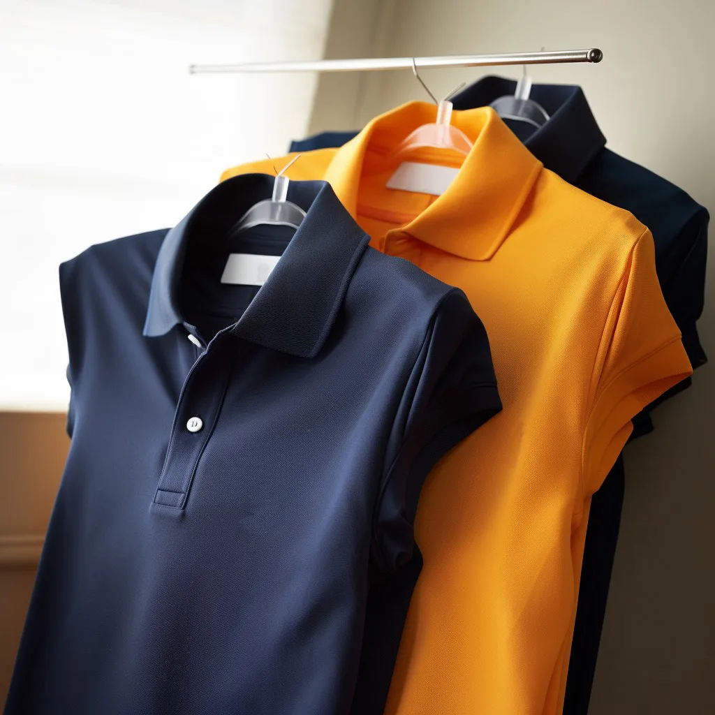 polo shirt manufacturer c jpg Polo shirts in navy, orange, and black on hangers.