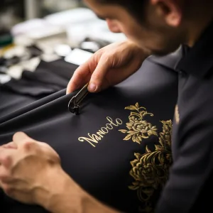 polo shirt manufacturer ca Tailor embroidering gold design on black fabric.