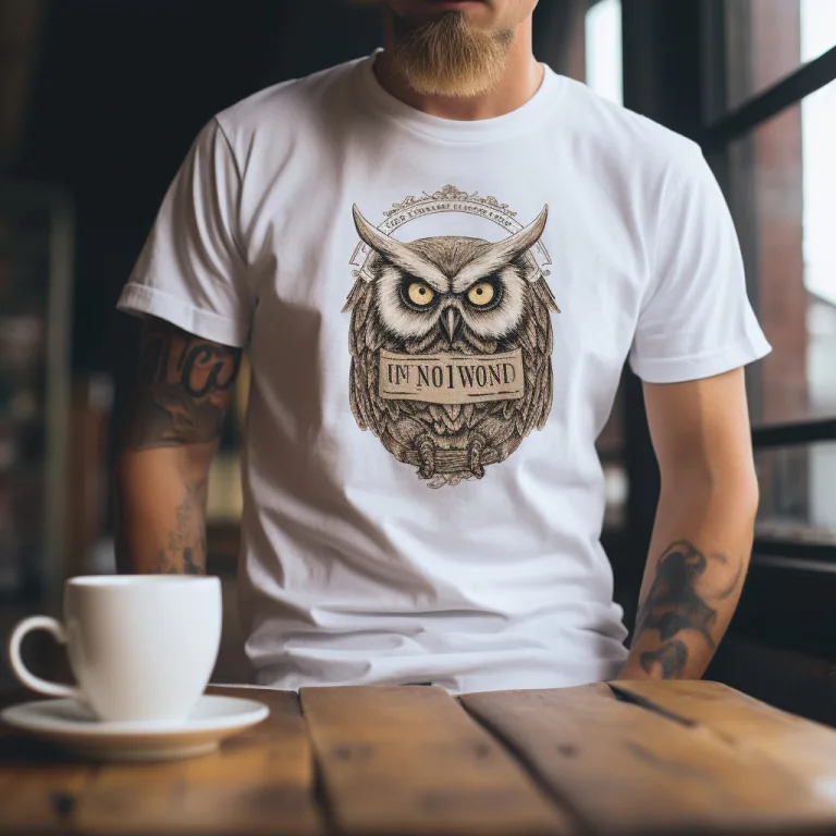 Man in owl graphic tee sitting at table with coffee.