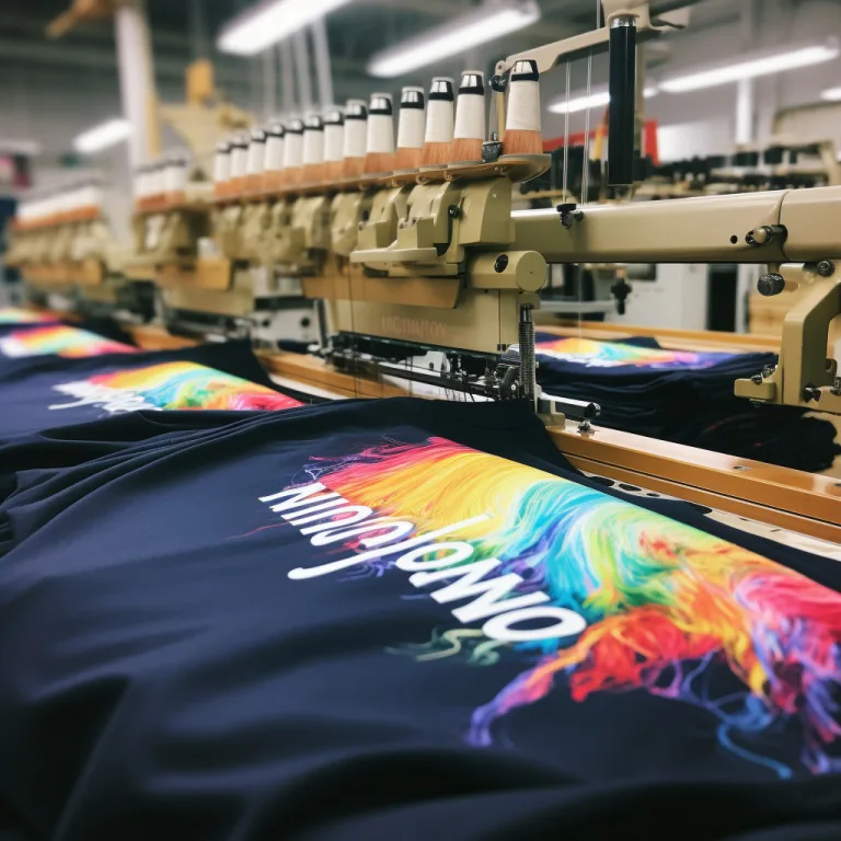 Embroidery machine creating colorful custom t-shirts.