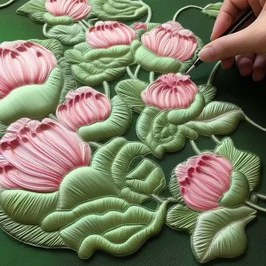 Embroidery of pink lotus flowers with green leaves.
