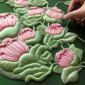3d puff embroidery b Embroidery of pink lotus flowers with green leaves.