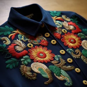Embroidered floral pattern on blue shirt fabric.