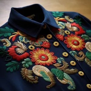 applique embroidery b Embroidered floral pattern on blue shirt fabric.