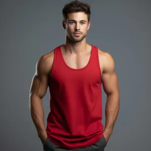 Man in red tank top posing on gray background.
