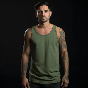 Man in green tank top with tattoos.