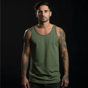 basic tank top custom ac Man in green tank top with tattoos.