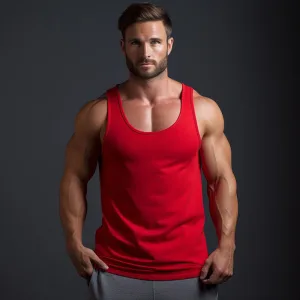 Man wearing red tank top, fitness apparel.