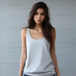 basic tanks c Woman in white tank top posing.