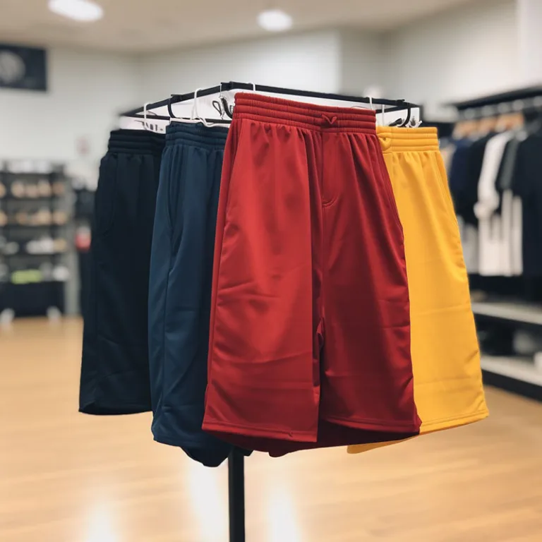 Colorful athletic shorts on display in store