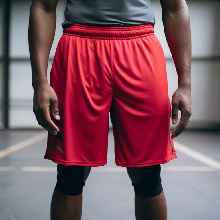 Athlete in red basketball shorts standing indoors.