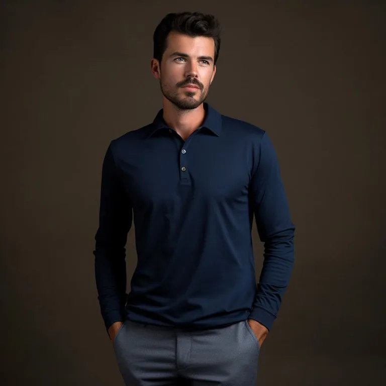 Man in navy polo shirt, studio portrait.