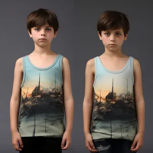 Boy in tank top with dystopian landscape print.