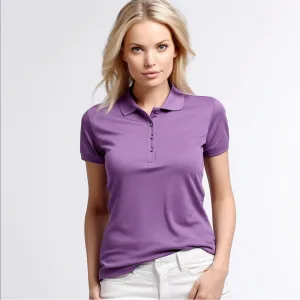 cotton polo shirts ladies elegance crafted for comfort c Woman modeling purple polo shirt.