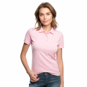 cotton polo shirts ladies elegance crafted for comfort d Woman in pink polo shirt and blue jeans.
