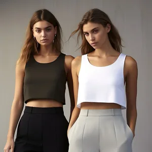 Two women modeling crop tops and trousers fashion