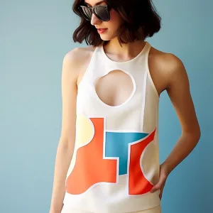 Woman in modern geometric swimsuit and sunglasses.