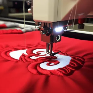 Embroidery machine stitching white pattern on red fabric.