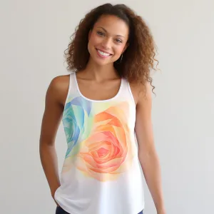 Woman smiling in floral tank top.
