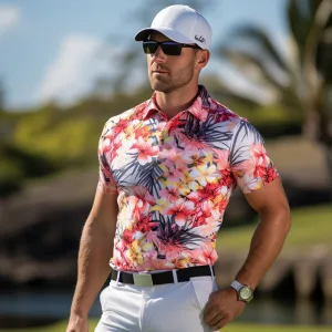 golf enthusiasts b Man in floral shirt and sunglasses outdoors.