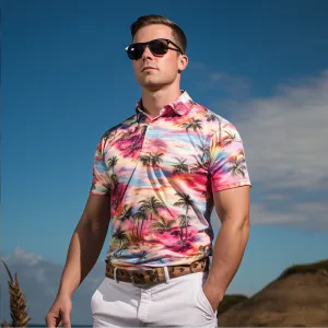 golf enthusiasts c Man in tropical print shirt and sunglasses outdoors.