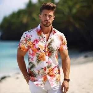 Man in floral shirt posing on beach