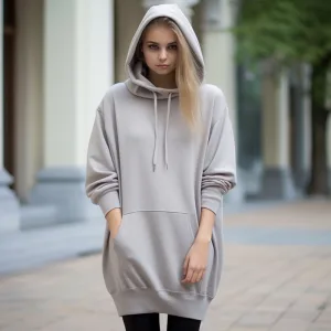 Woman posing in casual gray hoodie outdoors.