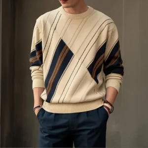 Man wearing geometric pattern sweater and watch.