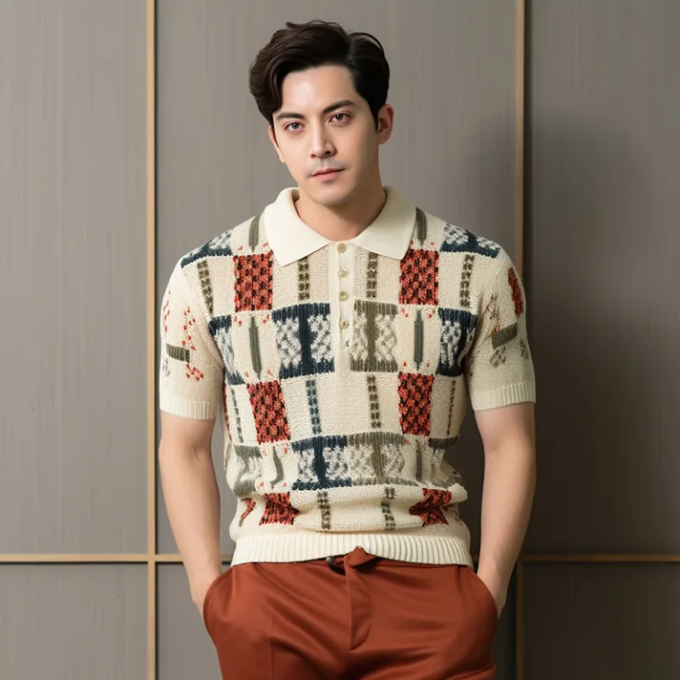 Man in patterned sweater and brown trousers.