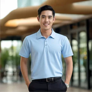Smiling man in casual business attire outdoors.