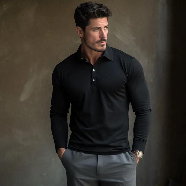 Man modeling black polo shirt and gray trousers.