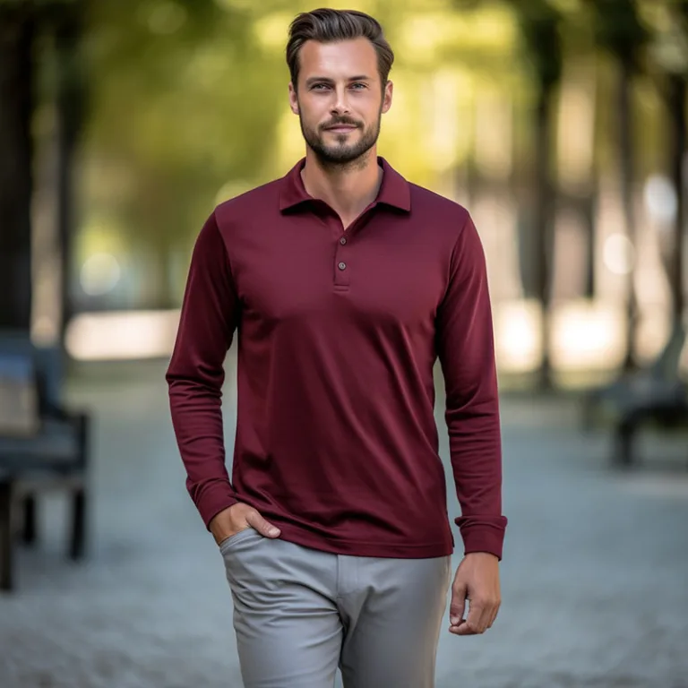 Man in burgundy polo shirt outdoor
