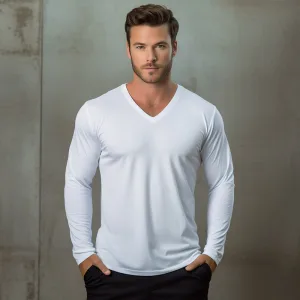 Man modeling white V-neck shirt