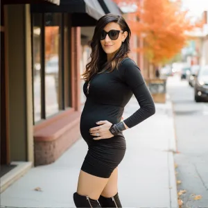 maternity biker shorts c Pregnant woman posing on city sidewalk.