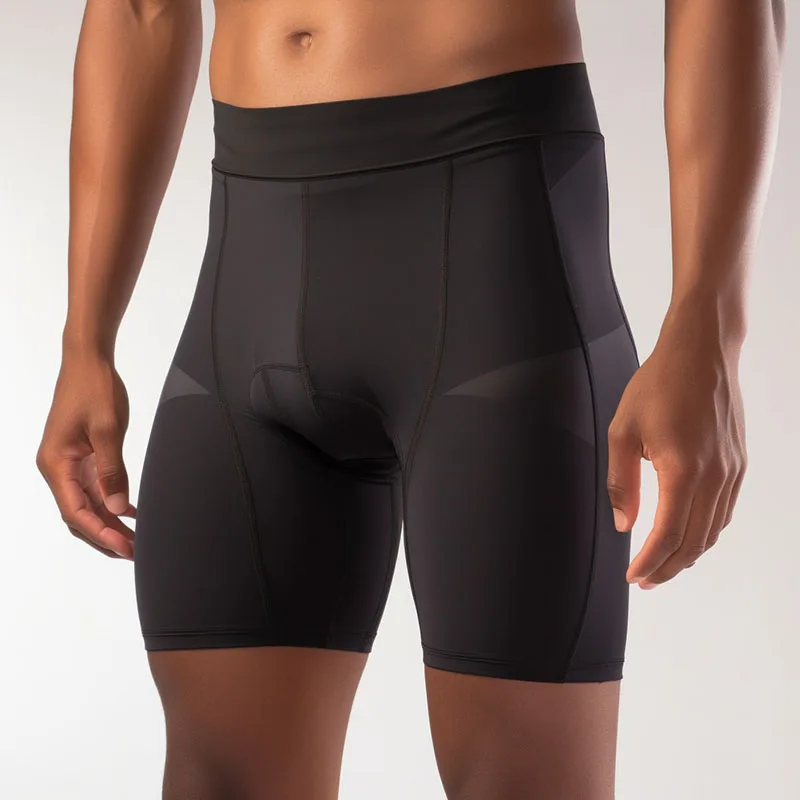 Black compression workout shorts on model.