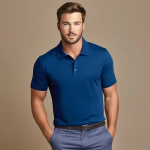 Man in blue polo shirt and gray pants.