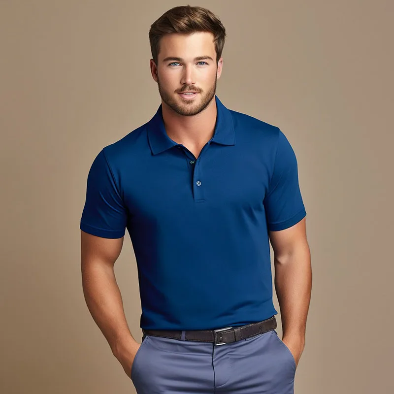 Man in blue polo shirt and gray pants.